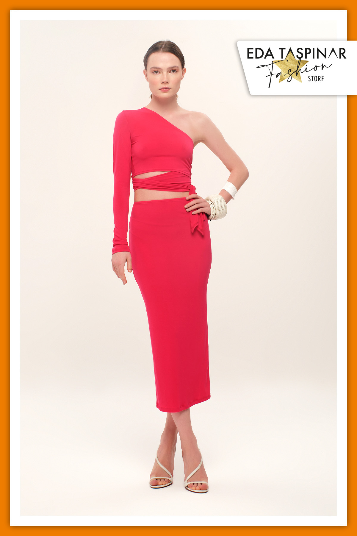 Meat Iconic Design Fuchsia One Shoulder Crop Blouse Skirt Set