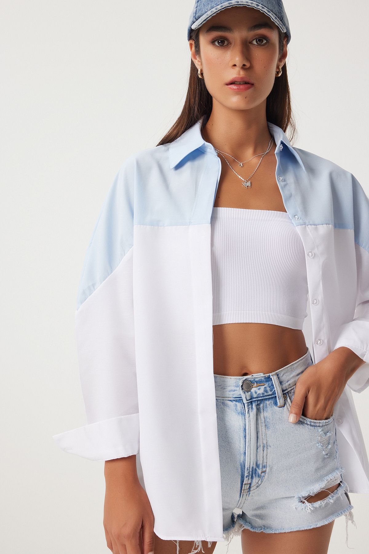 Happiness İstanbul Dámská košile Sky Blue White Color Block Boyfriend Shirt DD01306