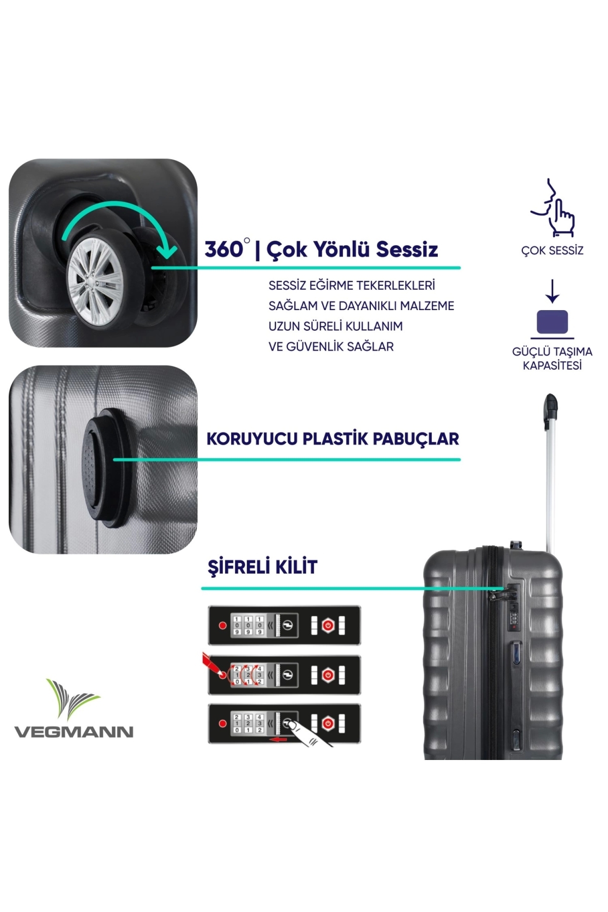 Vegmann  Delphin Antrasit Büyük Boy Valiz - Görsel 4