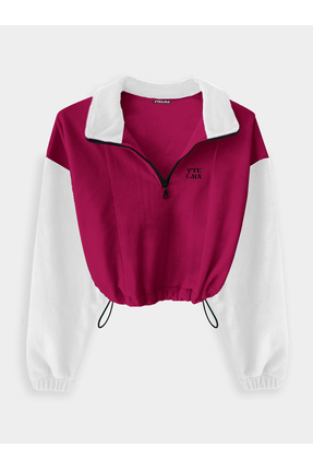 Vatkalimon Fuşya Beyaz Yarım Fermuarlı Crop Polar