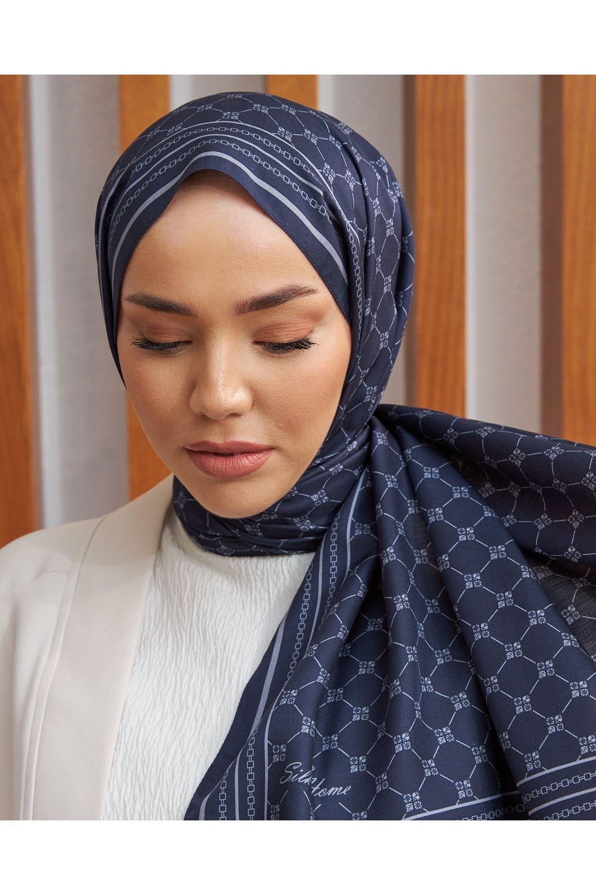 Silk Home-Navy Blue-Grey Twill Silk Monogram Shawl 5