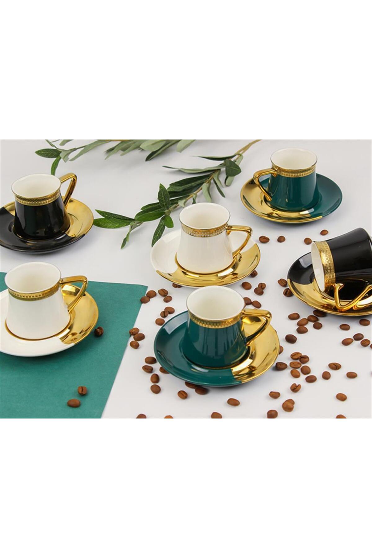Sembol More Renkli Gold Yaldız 6 Kişilik Porselen Kahve Fincan Takımı ...