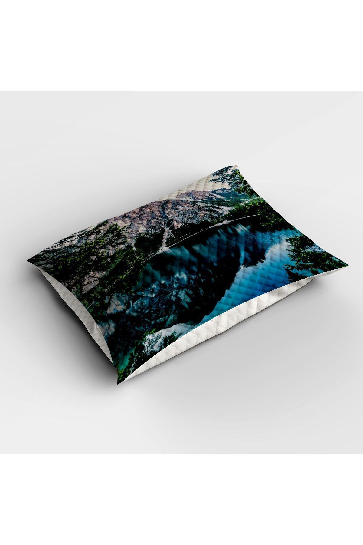 3D ELSE HALI-Double Decorative Bedspread - Lake Mountain Landscape Patterned Printed Pique Set 3