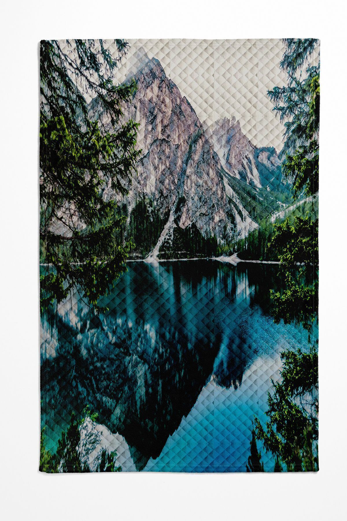 3D ELSE HALI-Double Decorative Bedspread - Lake Mountain Landscape Patterned Printed Pique Set 2