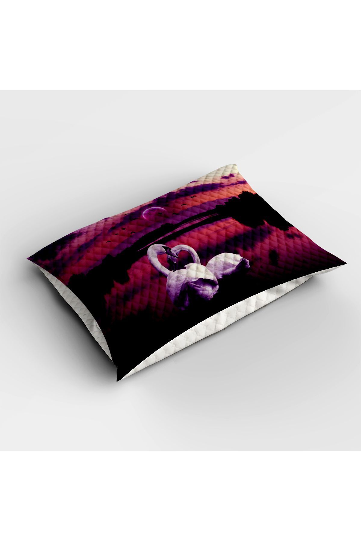 3D ELSE HALI-Single Decorative Bedspread - Purple and White Swans Patterned Printed Pique Set 3
