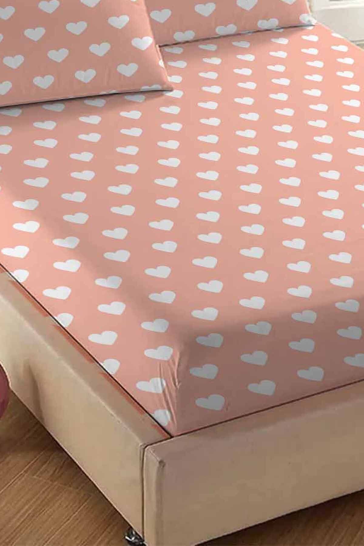 3D ELSE HALI-Else Pink and White Heart Patterned Elastic Double Elastic and Padded Sheet Set 160x200cm 3