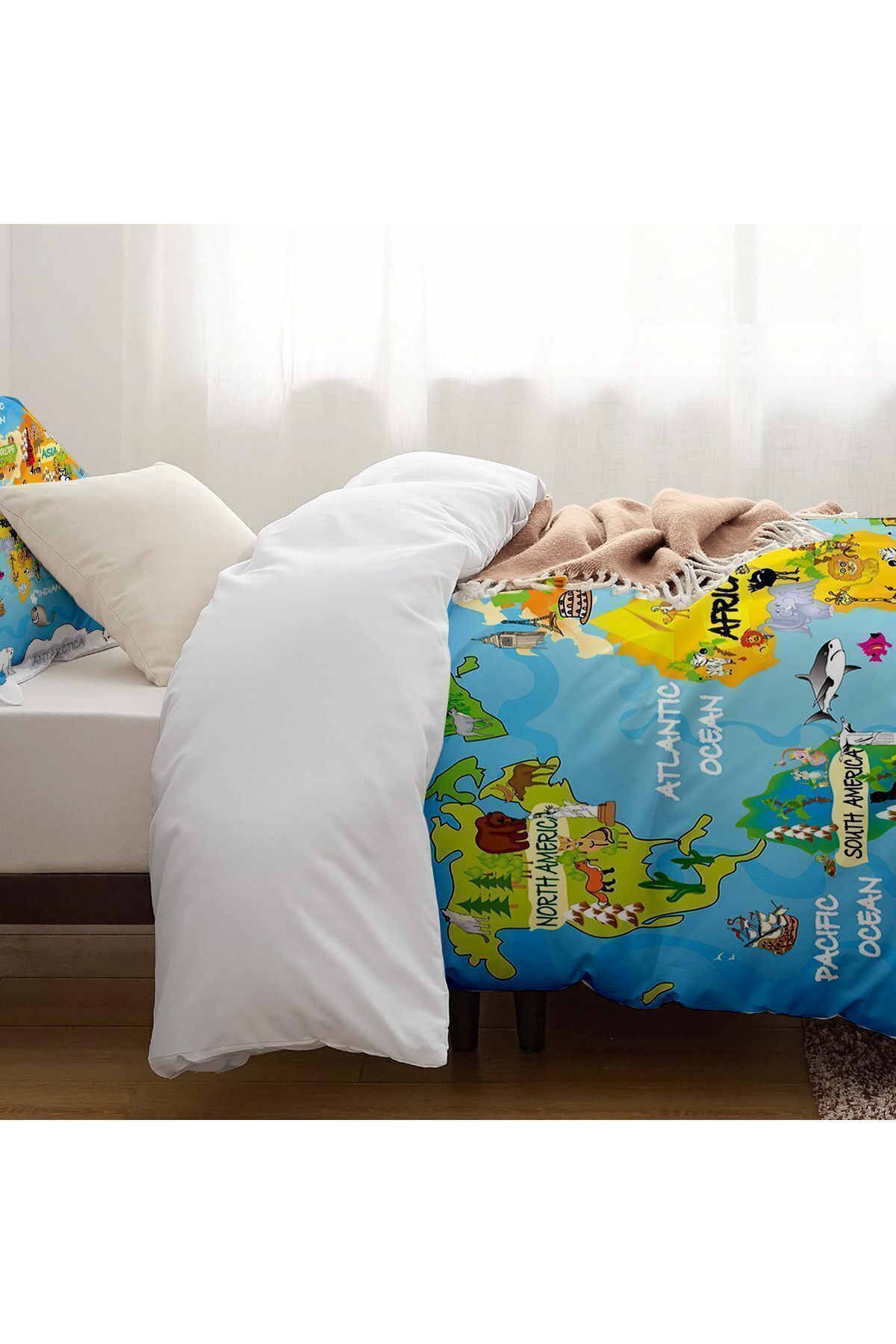 3D ELSE HALI-Single Patterned World Map Children's Bedding Set - Without Sheets 3