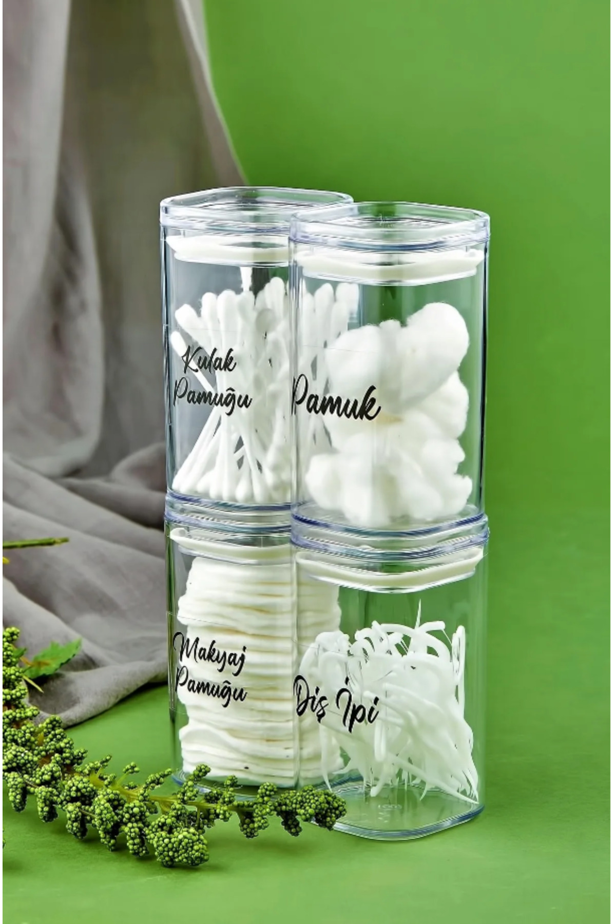 4-Piece Acrylic Ear Cotton & Cotton & Makeup Cotton & Dental Floss Organizer 250 Ml Bathroom Set