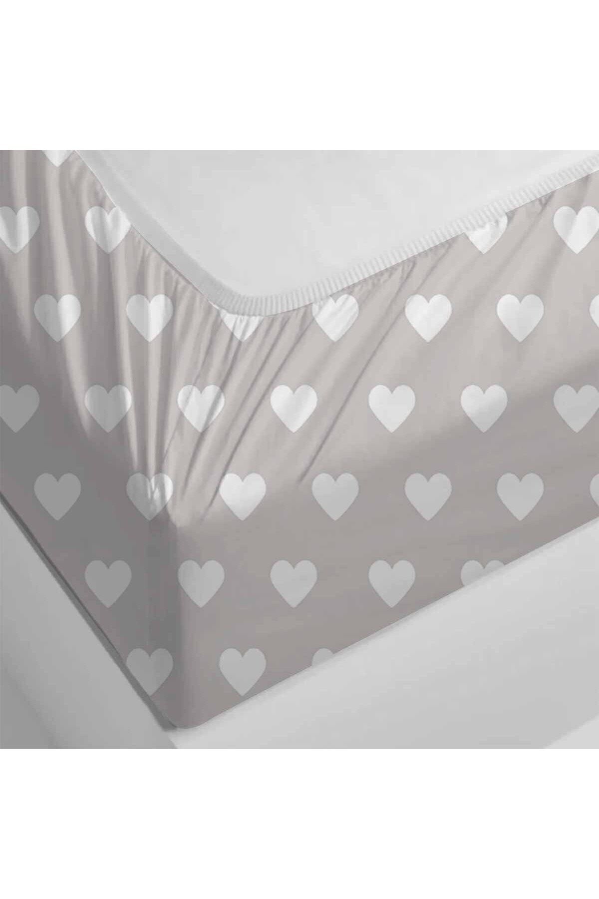 3D ELSE HALI-Gray White Heart Patterned Elastic Single Pillowed Elastic Sheet Set 90x190cm 4