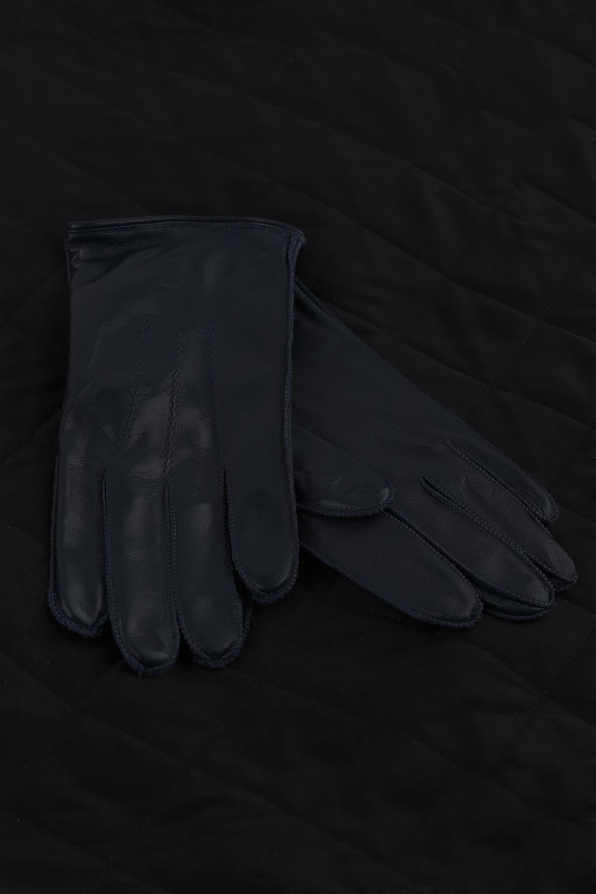  دستکش مردانه چرم طبیعی ساده سرمه‌ای EL37