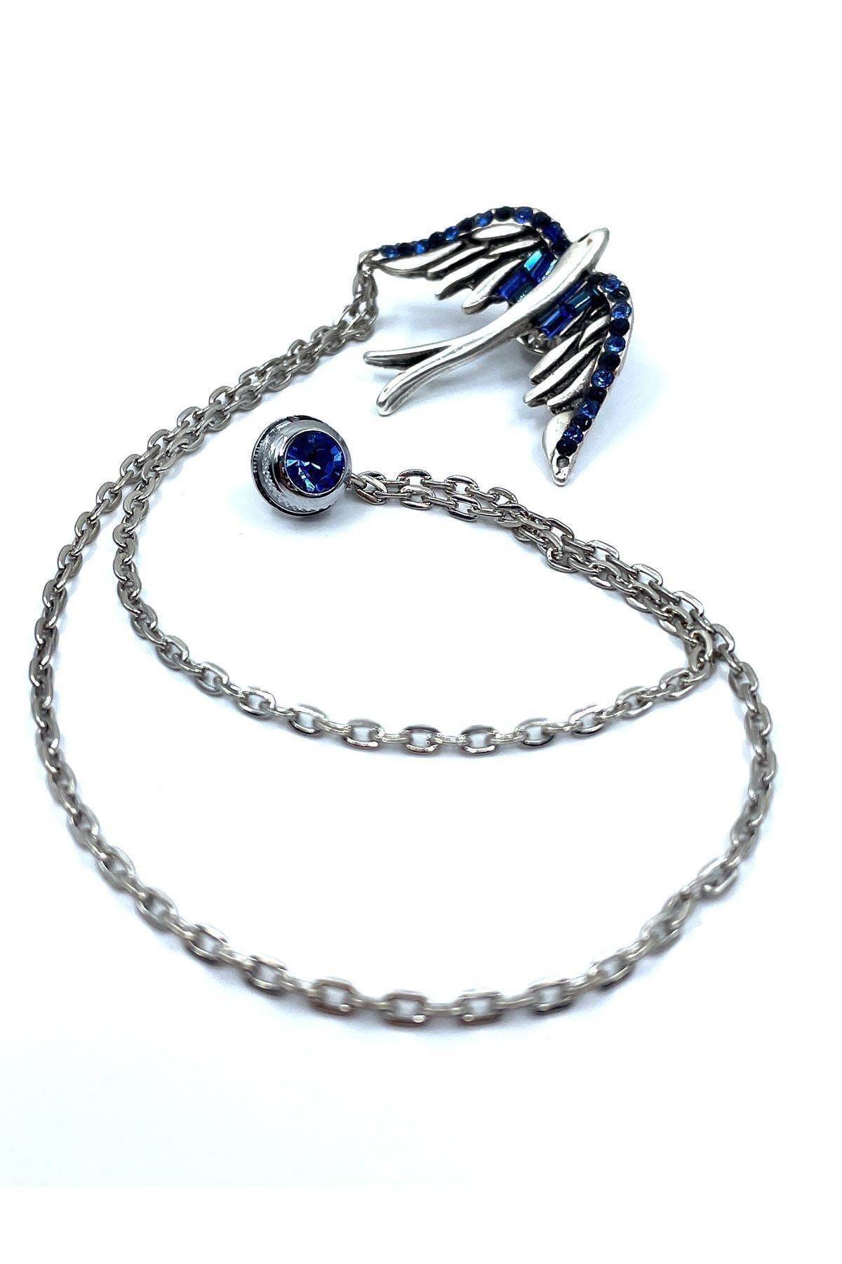  سنجاق یقه کت طرح پرنده نقره‌ای با سنگ آبی Yı380