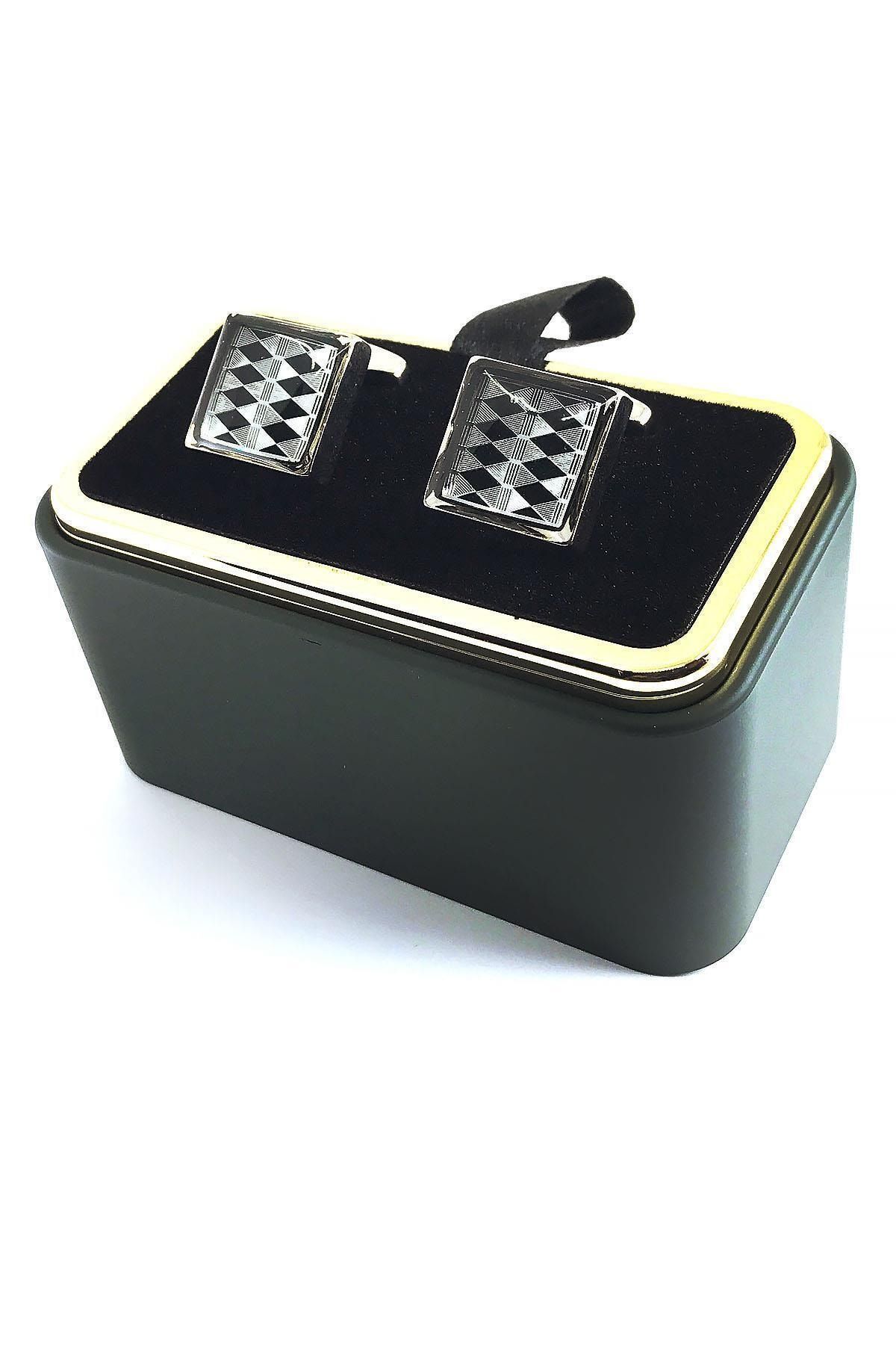  دکمه سرآستین مشکی نقره‌ای طرح‌دار Kd1359