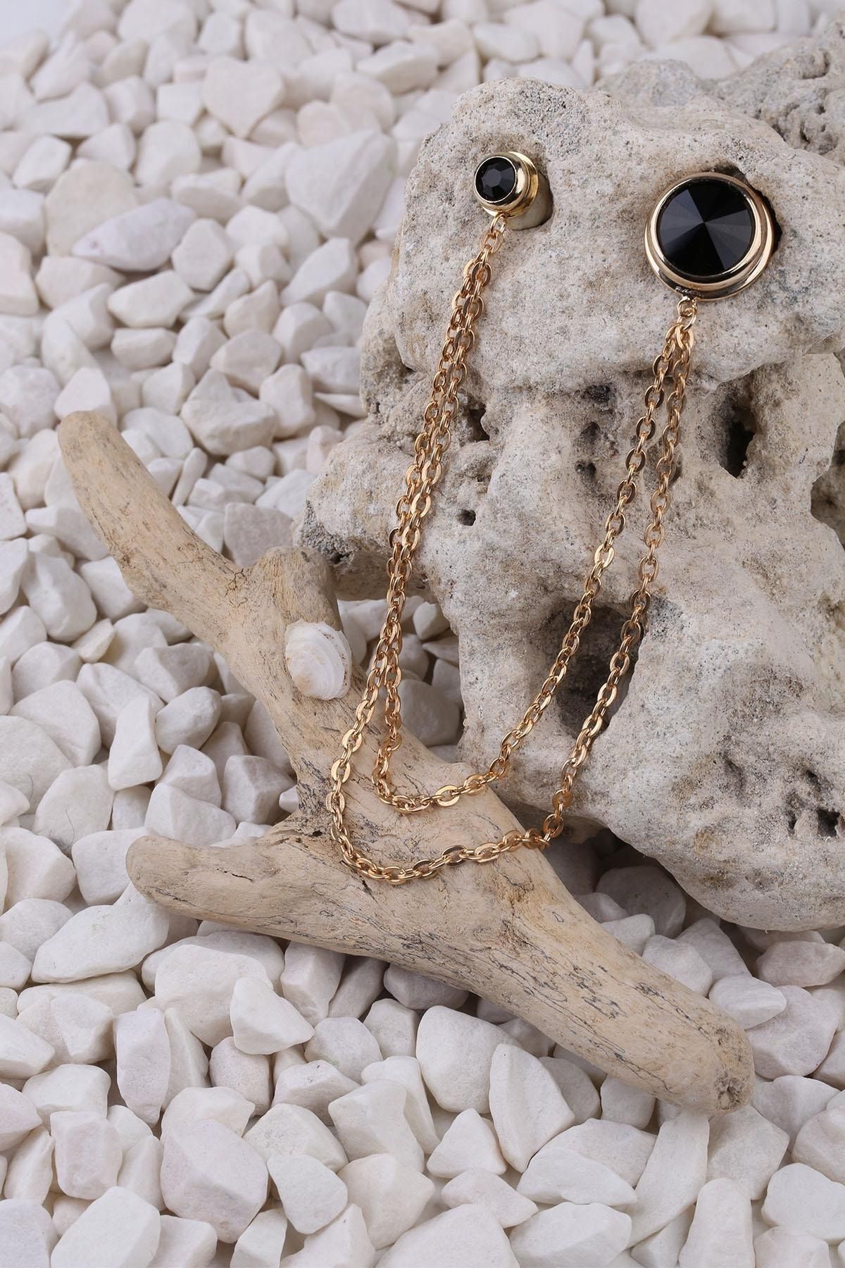  سنجاق یقه طلایی رنگی با زنجیر سنگ مشکی YI106