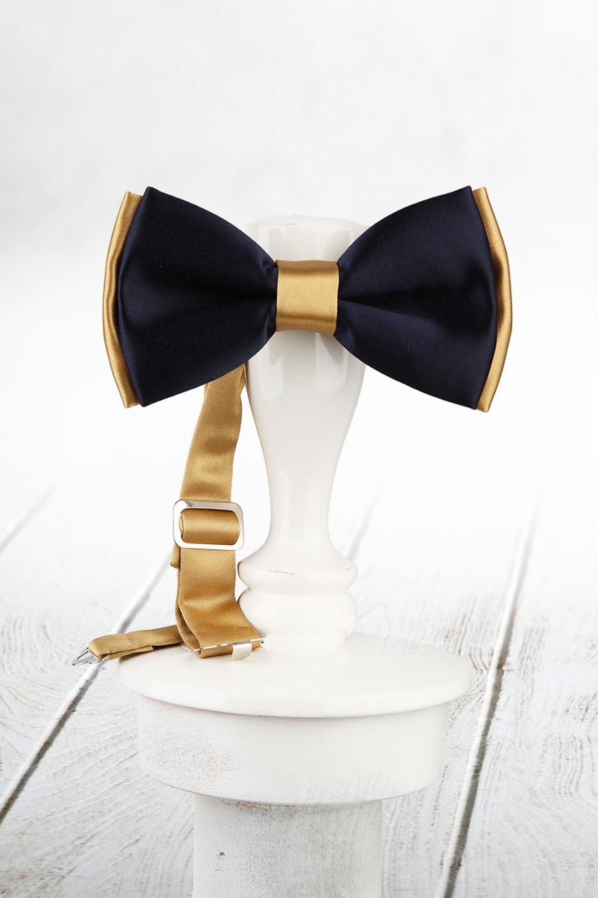  پاپیون ساتن سرمه‌ای - طلایی مردانه SP45