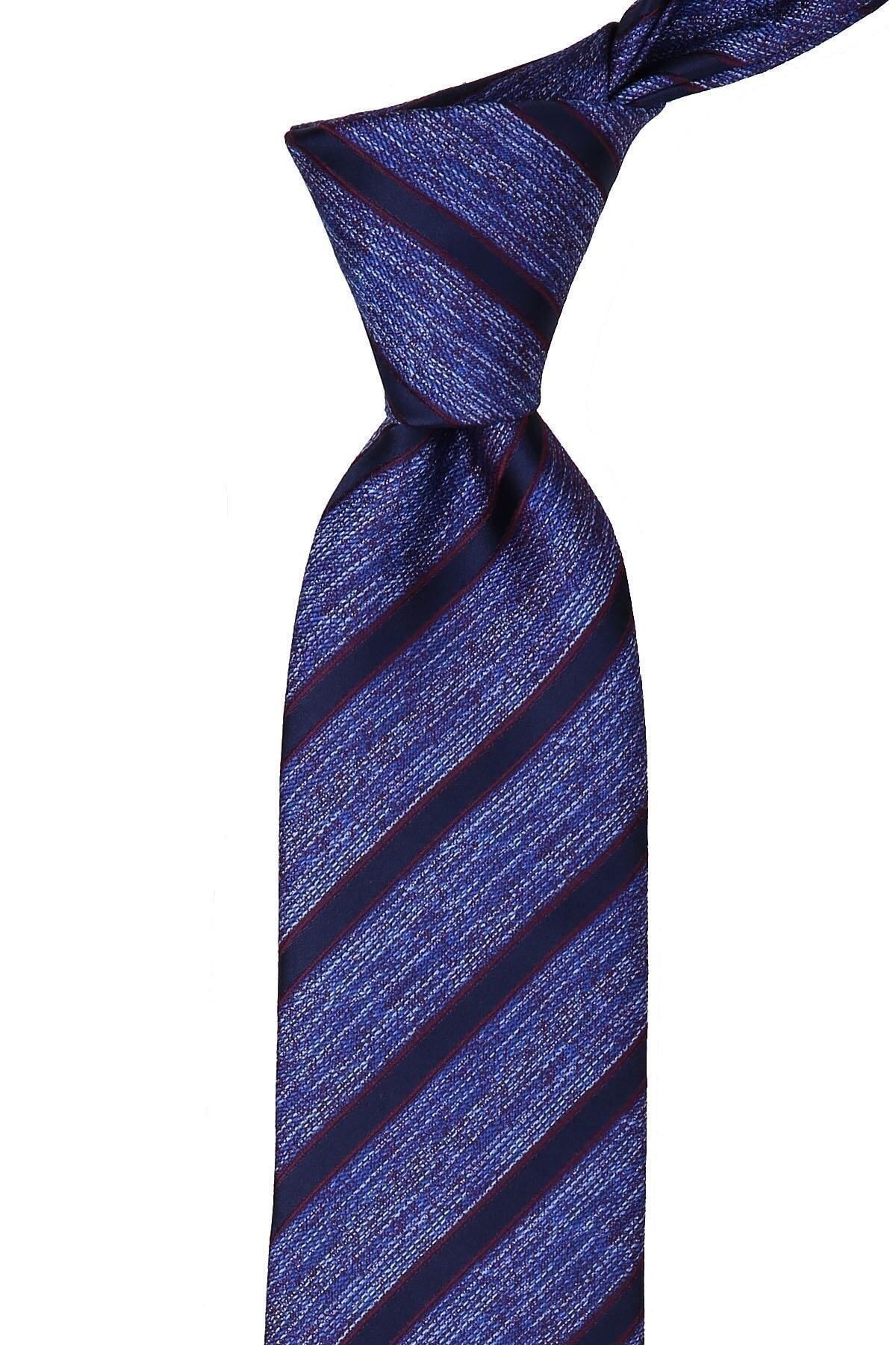  کراوات کلاسیک مردانه راه راه آبی و آلویی با دستمال جیبی KK10007