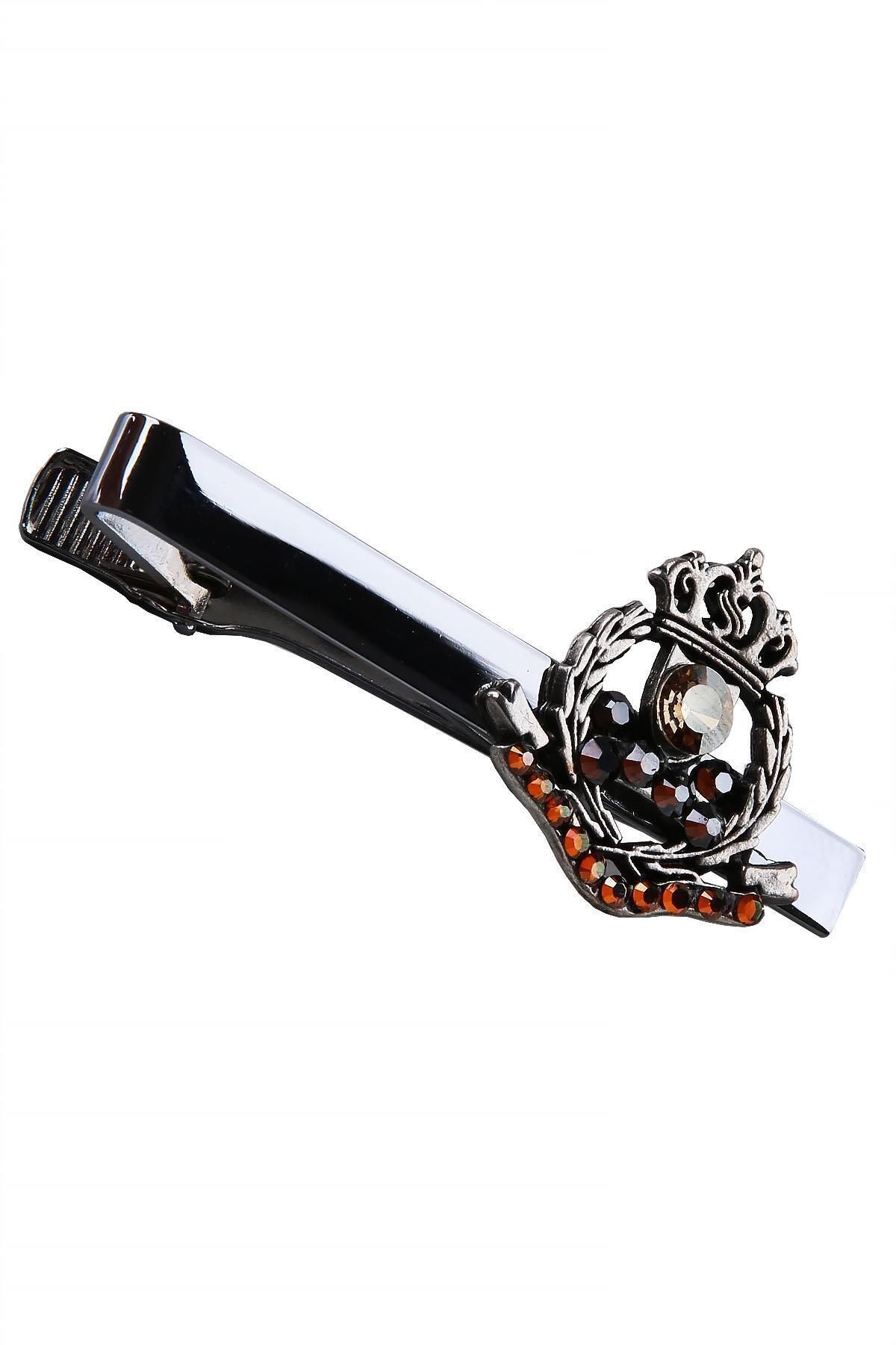  سنجاق کراوات طرح تاج شاه با سنگ کنیاک-عسلی نقره‌ای رنگ Kıy596