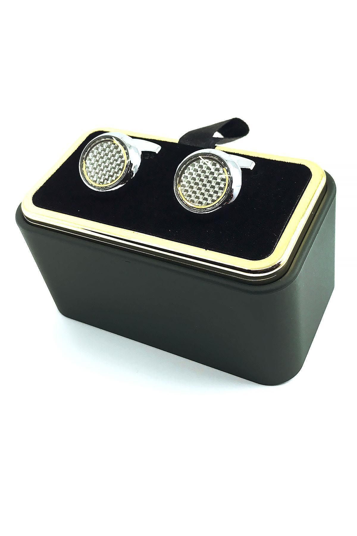  دکمه سرآستین طرح کربن نقره‌ای رنگ KD1526