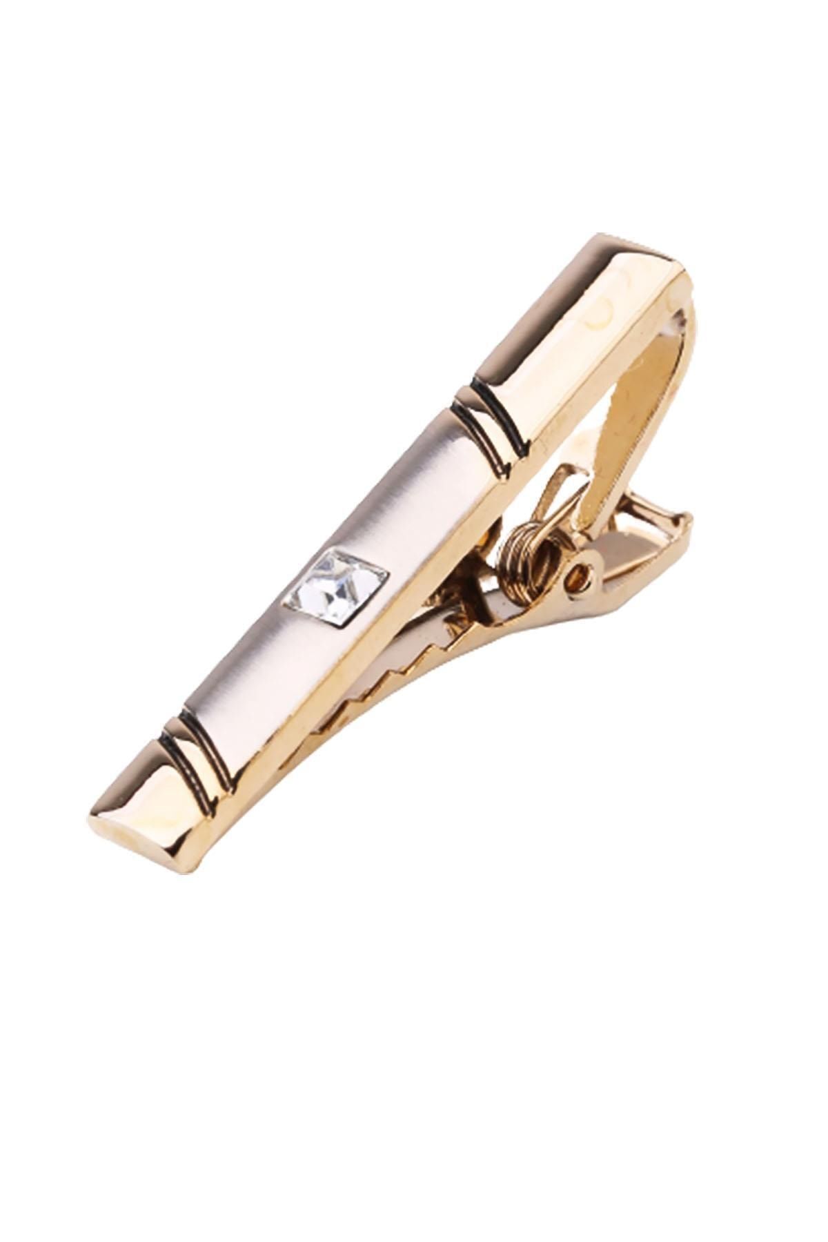  سنجاق کراوات مات طلایی رنگ با سنگ‌های سفید Kıy559