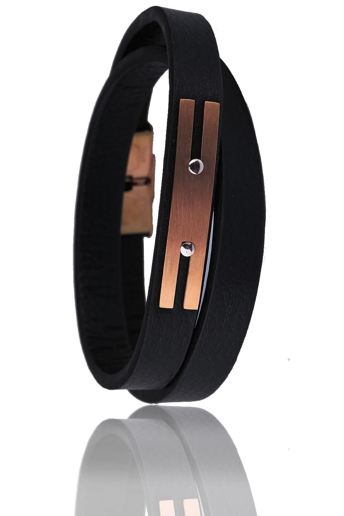  دستبند مردانه استیل چرم مشکی Blk1500