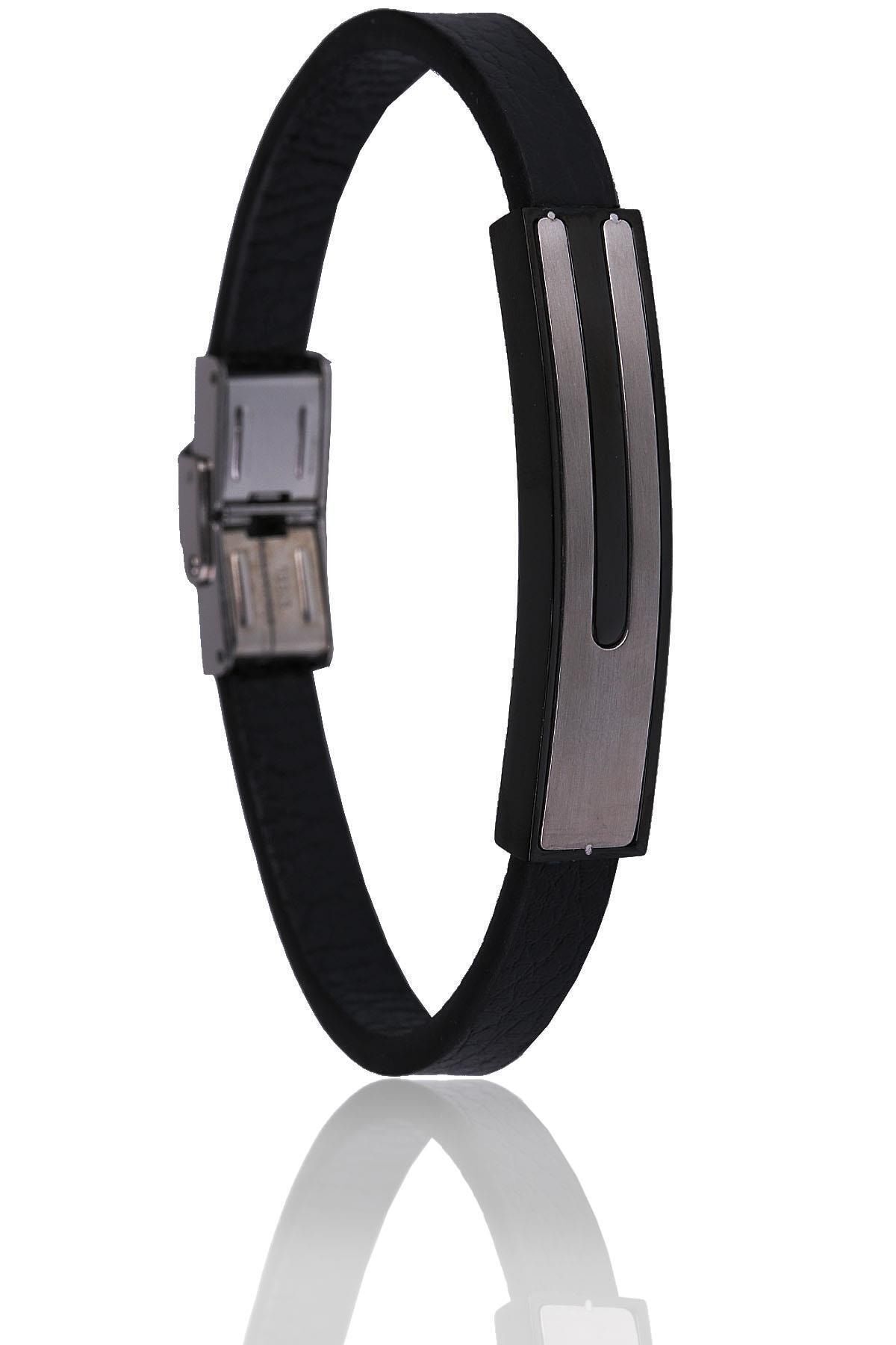  دستبند مردانه استیل چرم مشکی و نقره‌ای Blk1547