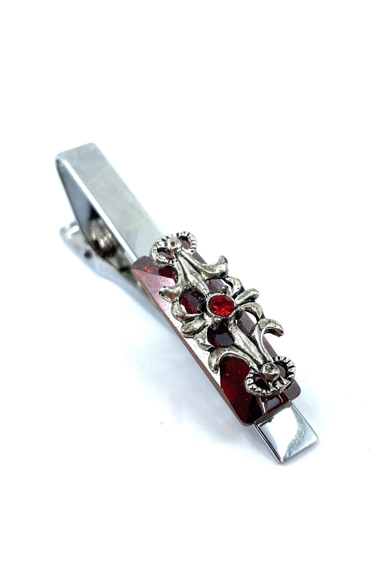  سنجاق کراوات نقره‌ای با طرح سنگ قرمز Kıy706