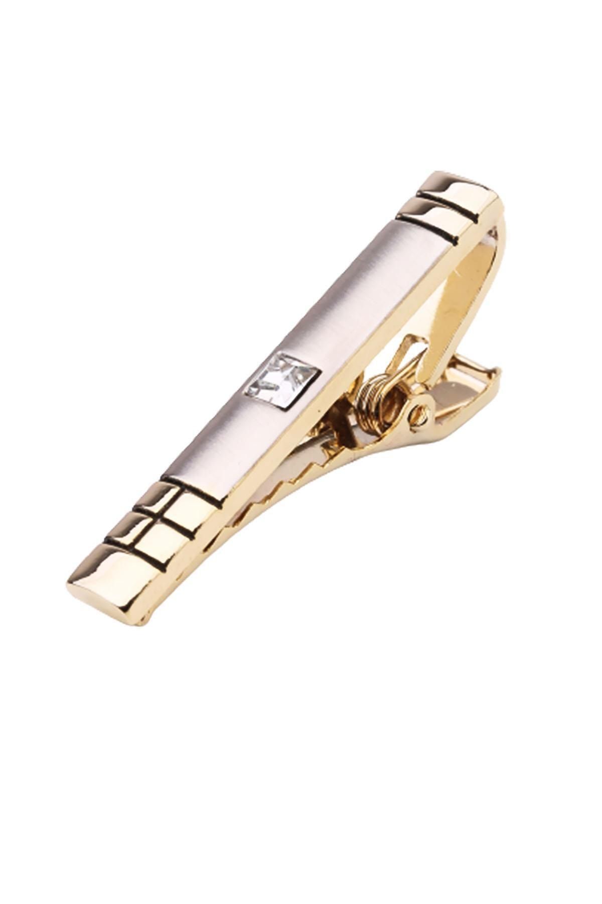  سنجاق کراوات مات طلایی رنگ با سنگ‌های سفید Kıy561