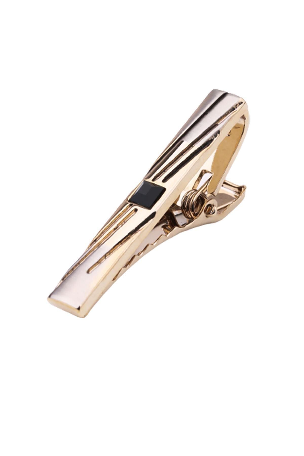  سنجاق کراوات طرح راه راه سنگی مشکی طلایی رنگ Kıy501