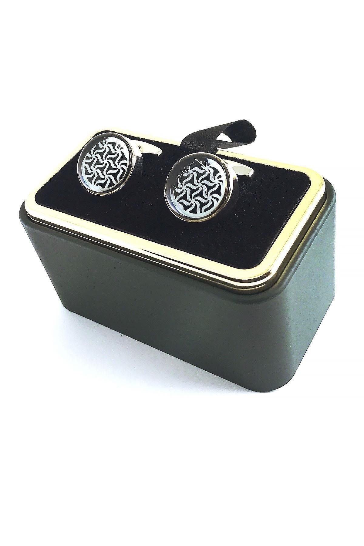  دکمه سرآستین نقره‌ای رنگ مشکی طرح نقره‌ای Kd1401