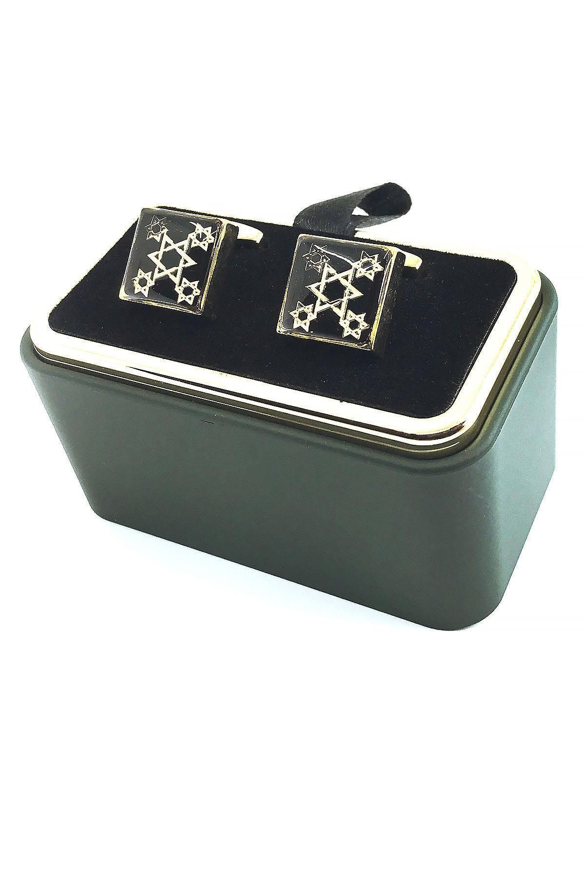 دکمه سرآستین مربع طلایی با جزئیات مشکی KD1554