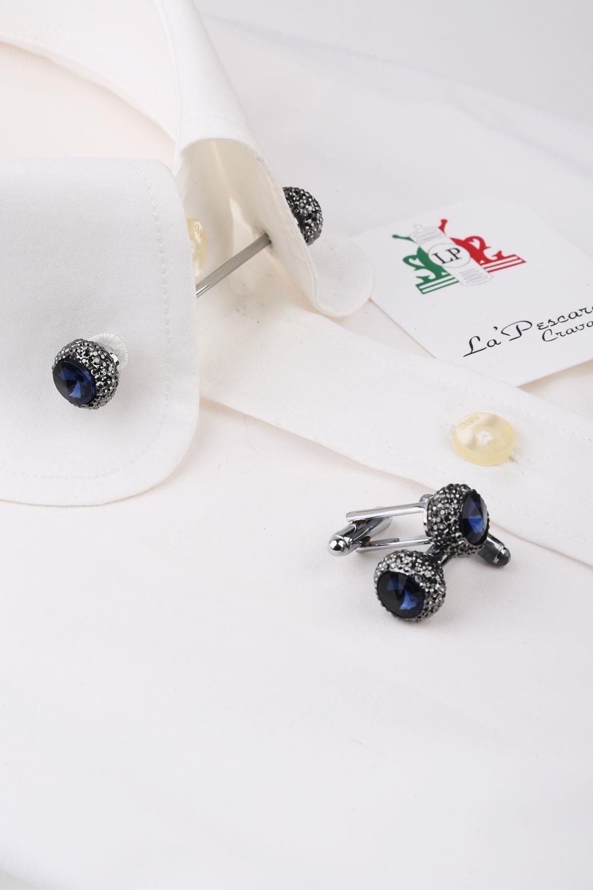  دکمه سردست و سنجاق یقه پیراهن سرمه‌ای Cbc06