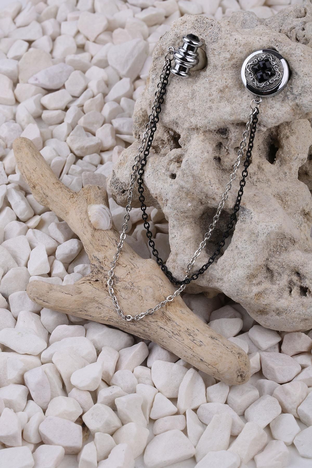  سنجاق سینه زنجیری سنگی کریستالی دودی مشکی YI240