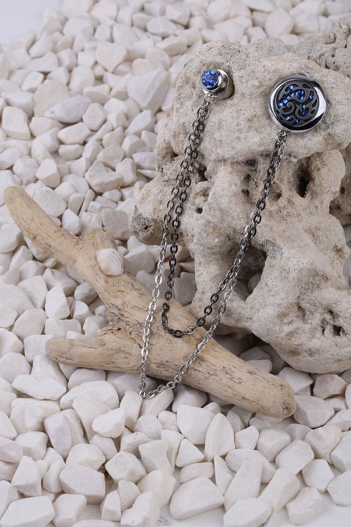  سنجاق یقه کت نقره‌ای رنگی با سنگ آبی Yı336