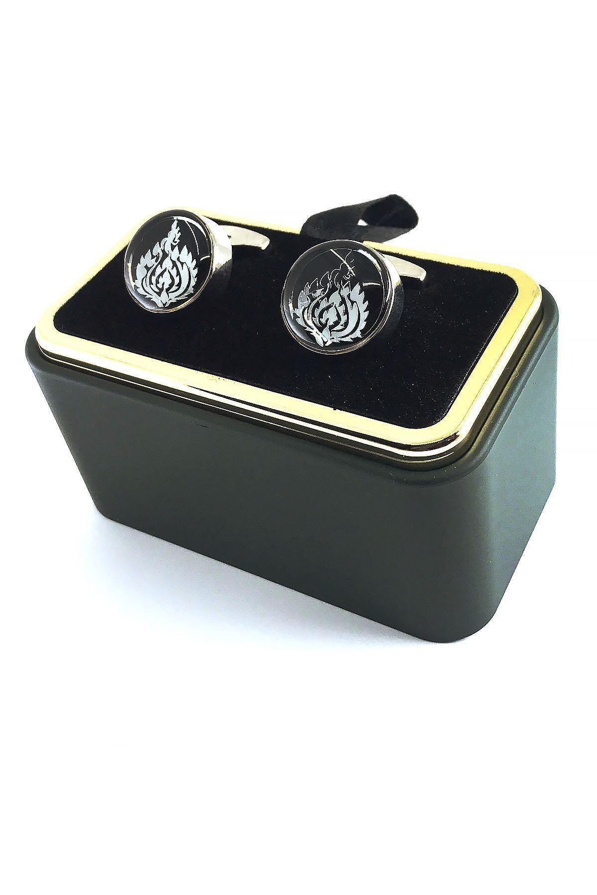  دکمه سرآستین گرد نقره‌ای رنگ مشکی طرح نقره‌ای Kd1495