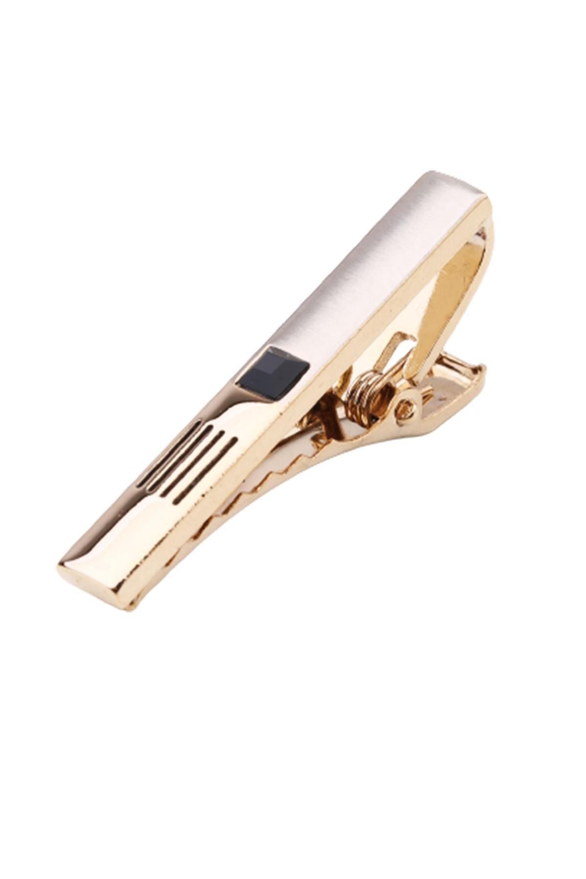  سنجاق کراوات نیمه مات طلایی رنگ با سنگ‌های مشکی Kıy428