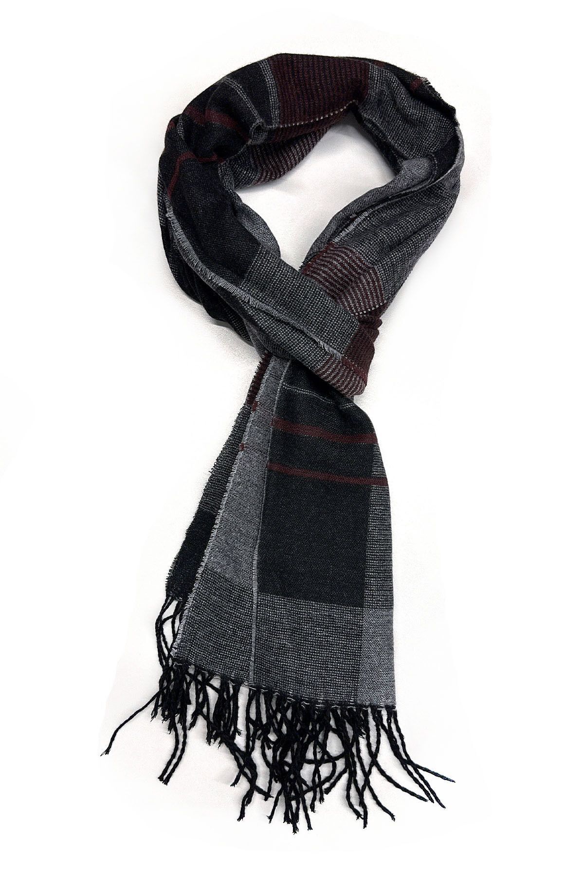  شال گردن مردانه دودی - طرح چهارخانه زرشکی K515