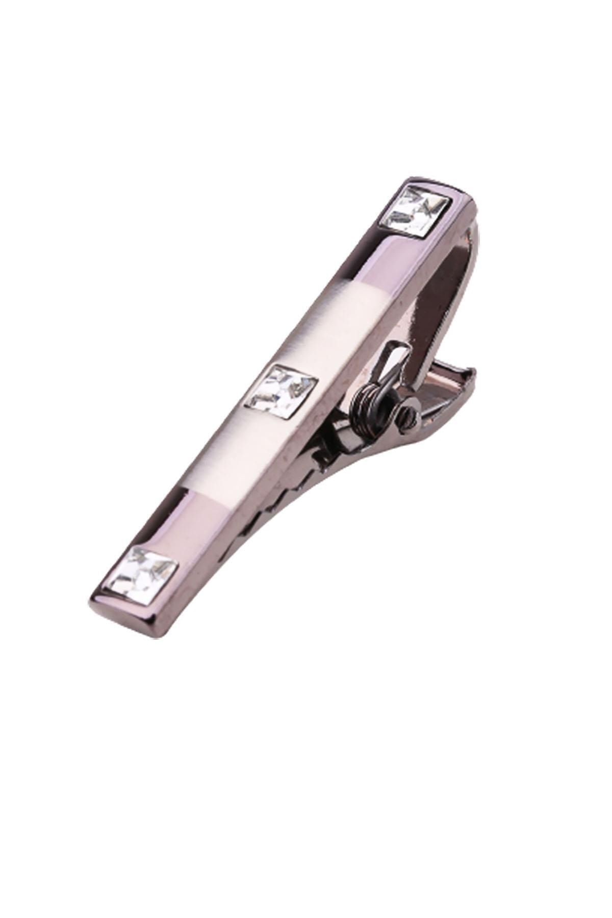  سنجاق کراوات نقره‌ای رنگی با جزئیات دودی و سنگ‌های سفید Kıy532