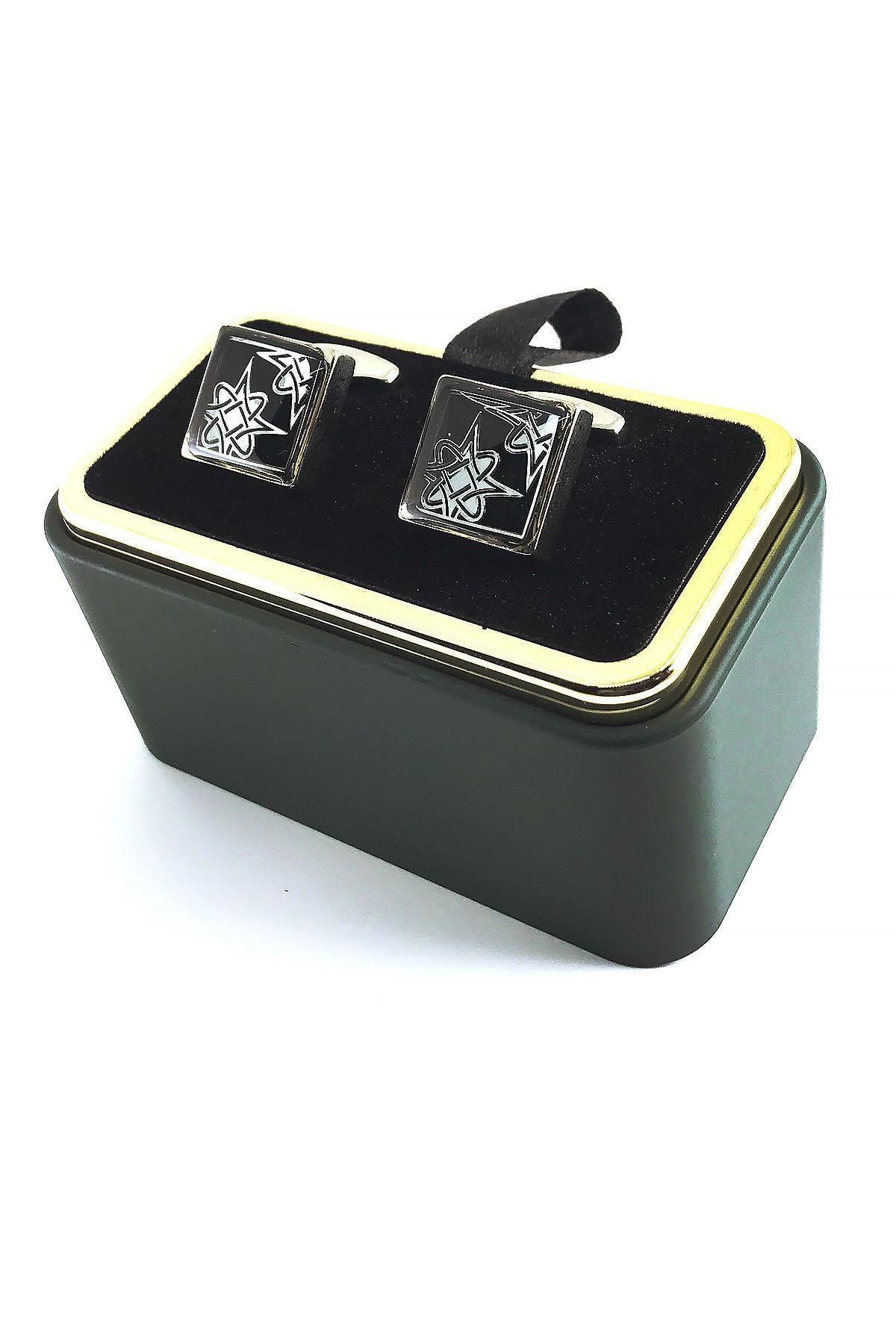 دکمه سرآستین مربع نقره‌ای با جزئیات مشکی KD1380