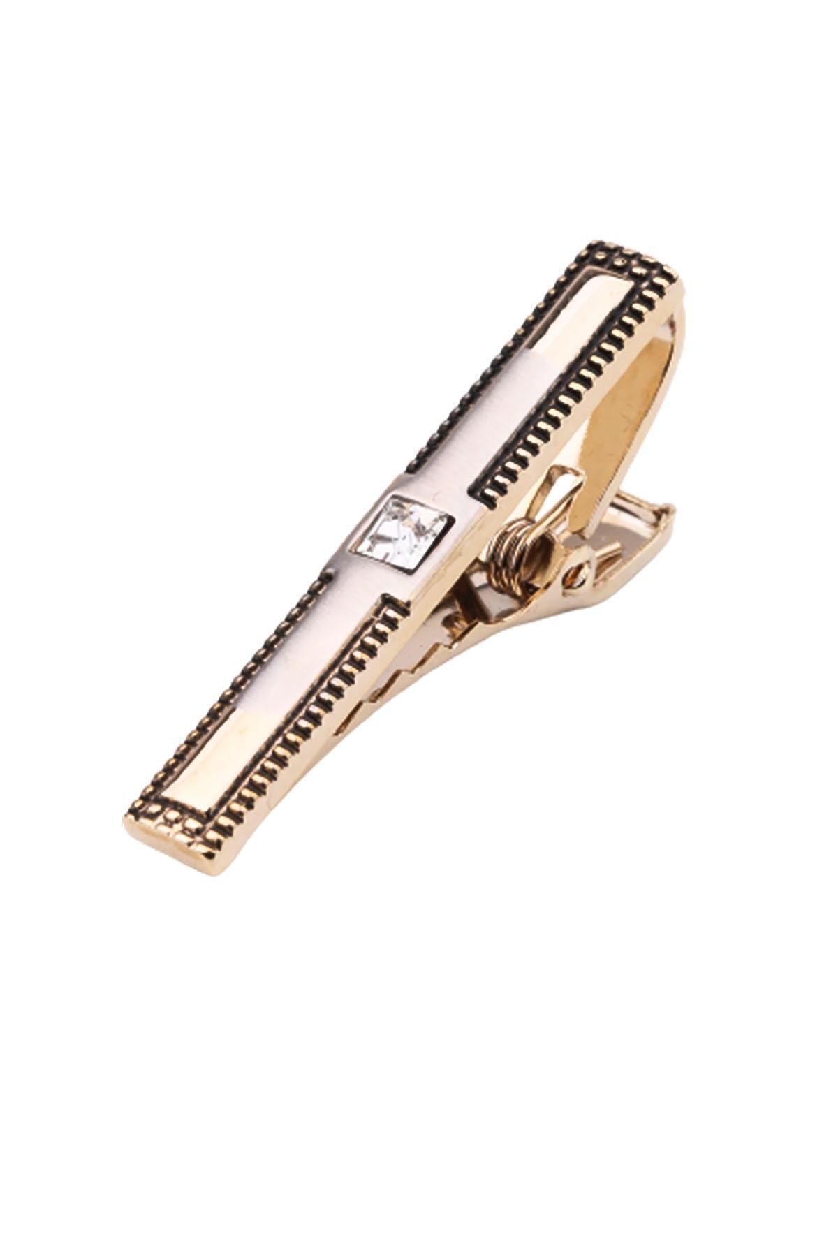 سنجاق کراوات طرح قاب طلایی رنگ با سنگ سفید Kıy592