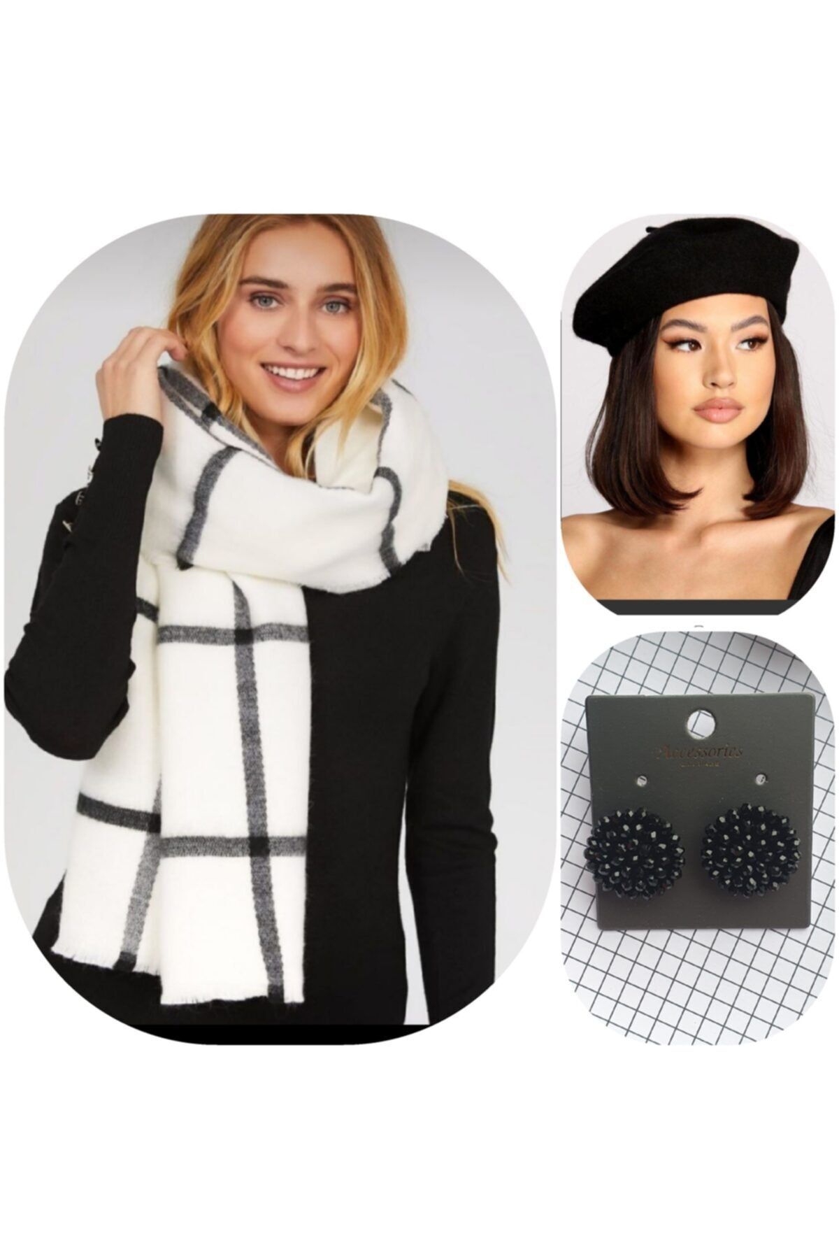 sema aksesuar Şal Atkı & Ressam Bere & Taşlı Küpe Kombin - Sevgililer Günü Hediyesi