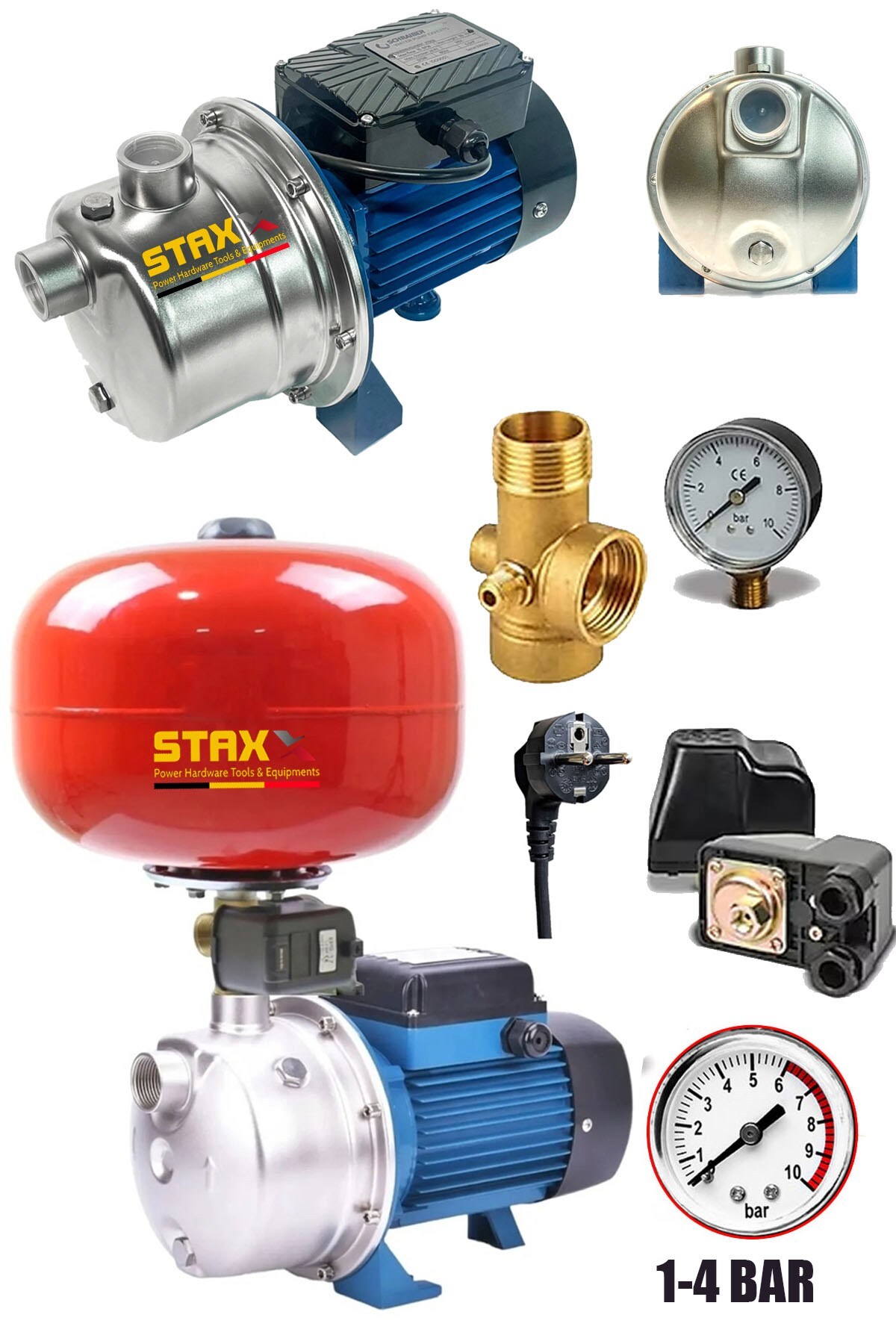 STAXX POWER SUS304 Paslanmaz Gövdeli İnox Jet Motorlu Otomatik Paket Hidrofor Tanklı Jet 1HP Full Hidrofor Seti