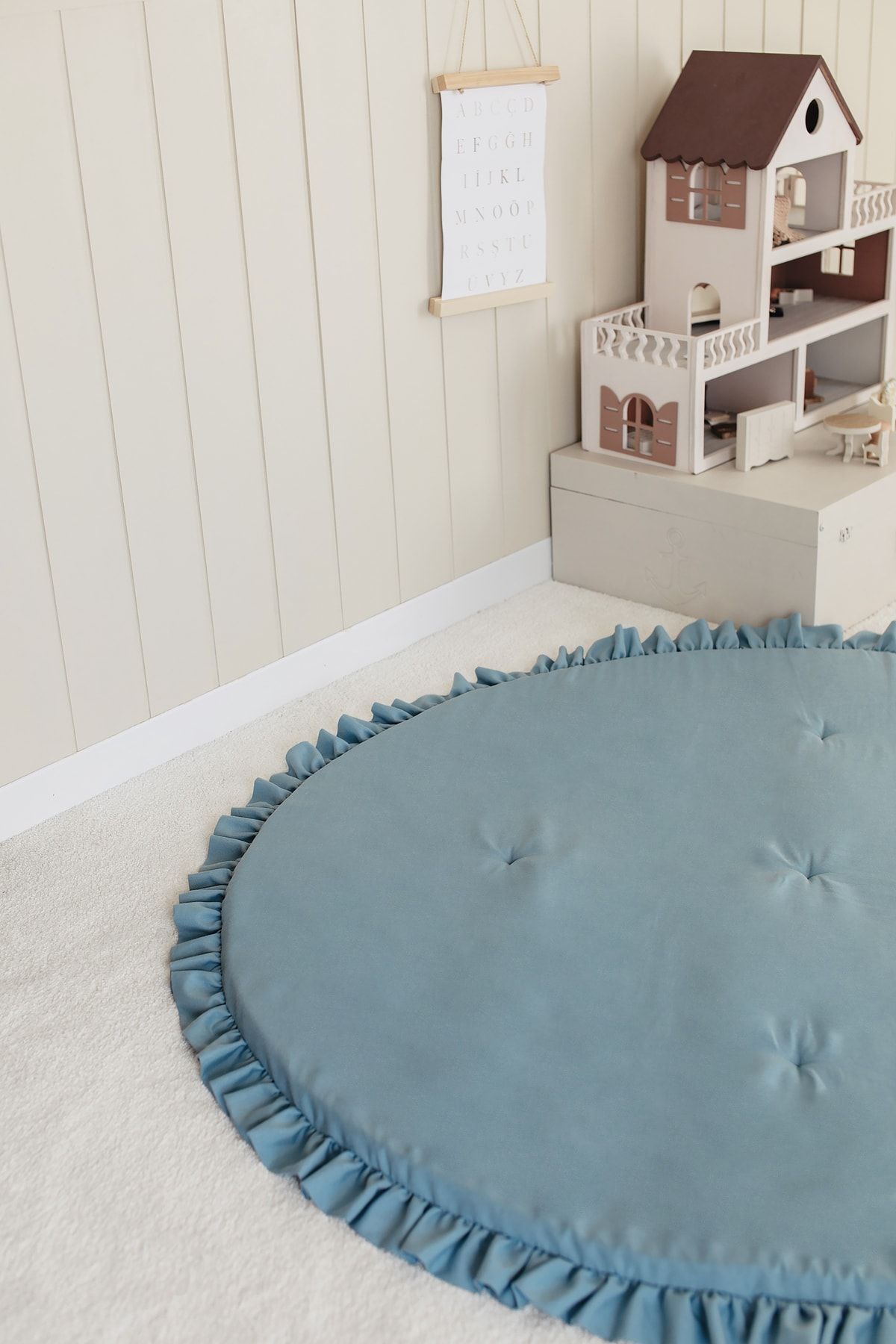 Dear Deer Love Oyun Halısı, Yuvarlak Oyun Matı, Fırfırlı Oyun Minderi, Teal fotoğrafı 6 (önizleme)