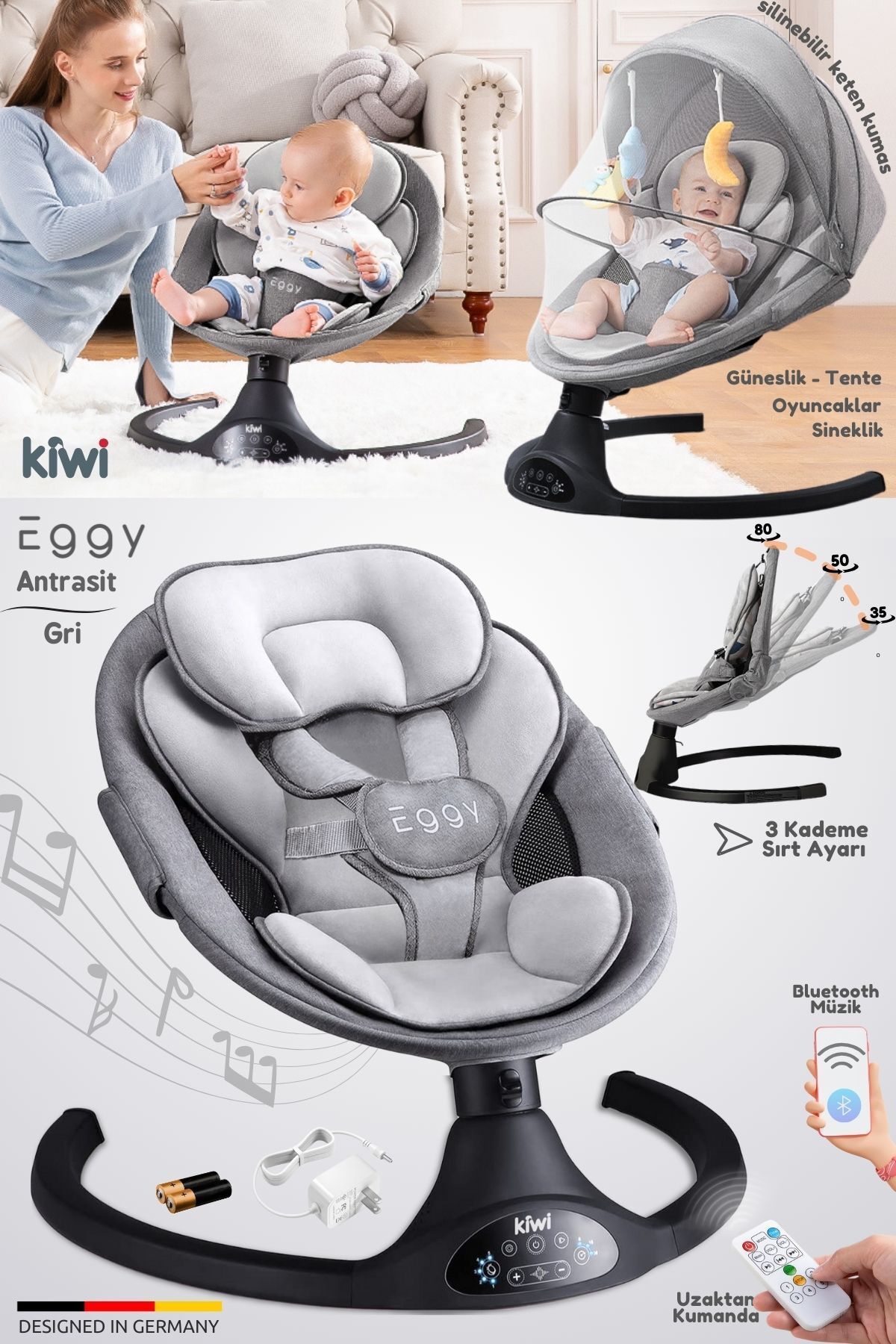 Eggy Plus Elektrikli Otomatik Sallanan Bebek Ana Kucağı, 5 Farklı Sallanma Hızı, Oyuncaklı Gümüş-Gri