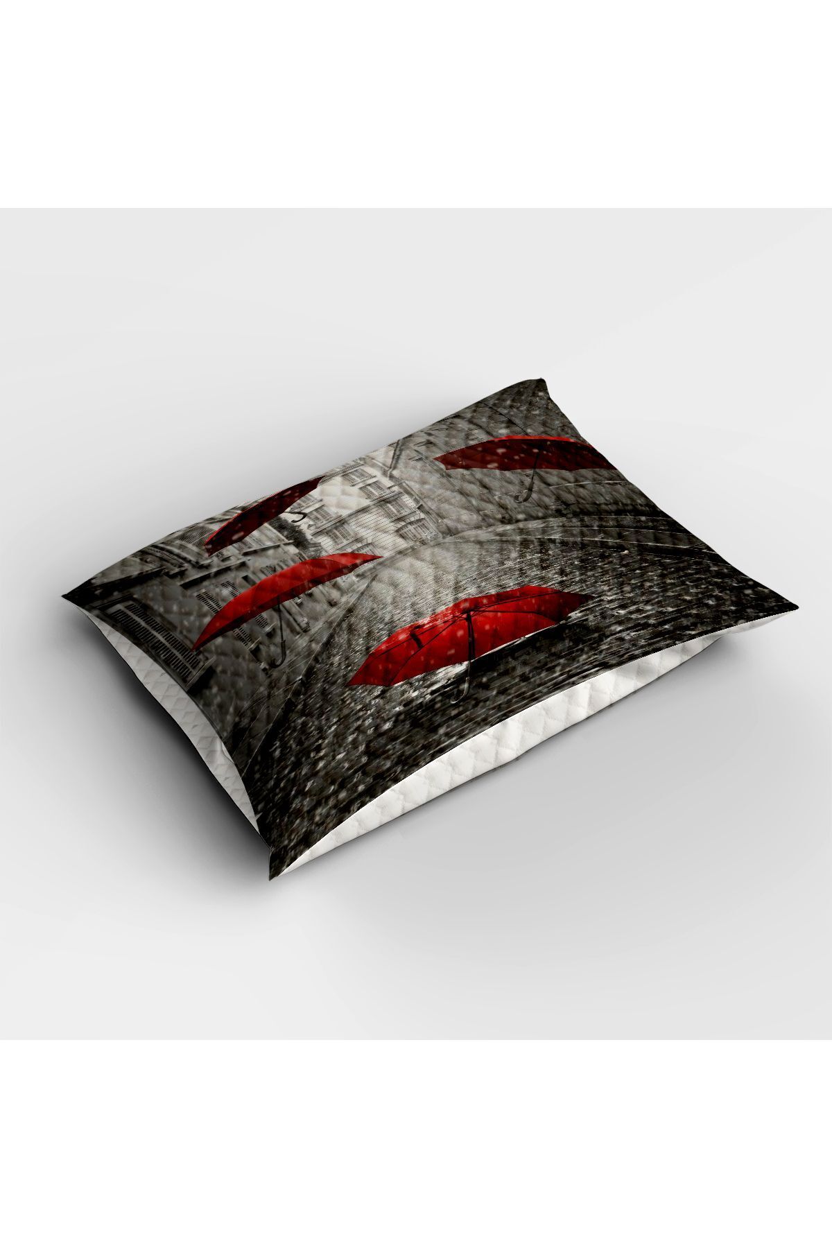 3D ELSE HALI-Gray and Red Umbrella Pattern - Printed Decorative Bedspread and Pillowed Pique Set Double 3