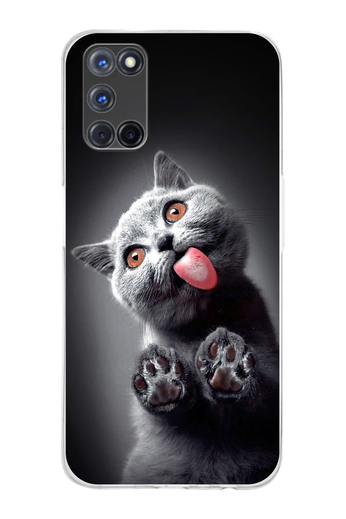 Oppo A52 ile Uyumlu Kedi 2 Kamera Korumalı Şeffaf Kılıf