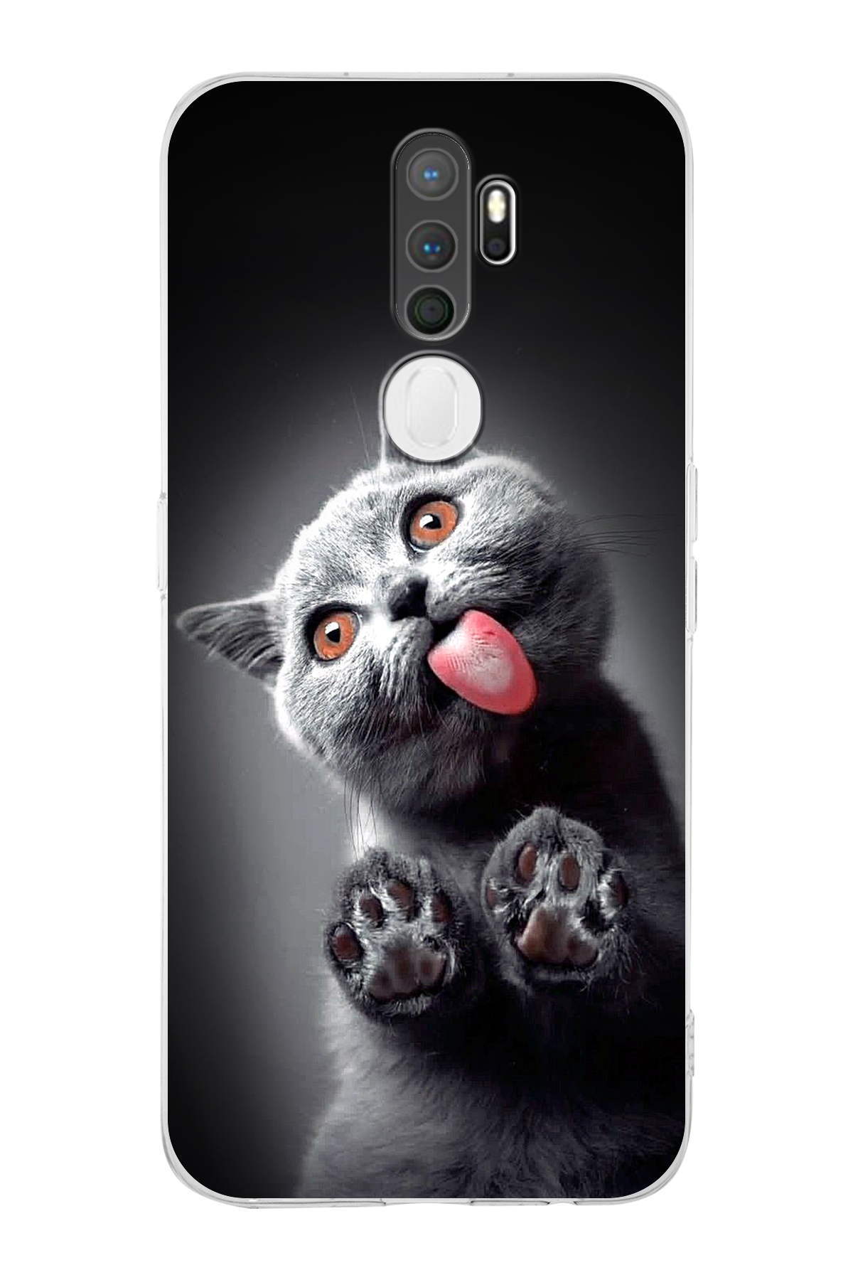 Oppo A5 2020 ile Uyumlu Kedi 2 Kamera Korumalı Şeffaf Kılıf