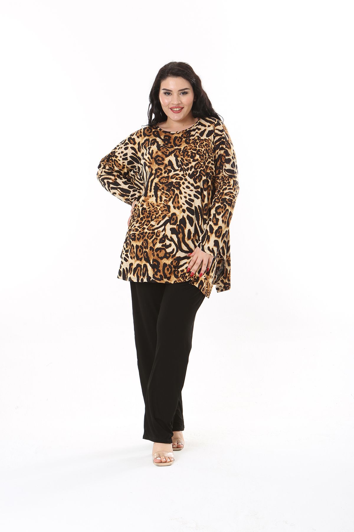 XL Modam-Plus Size Leopard Print Black Tunic and Lycra Viscose Trousers Set 4