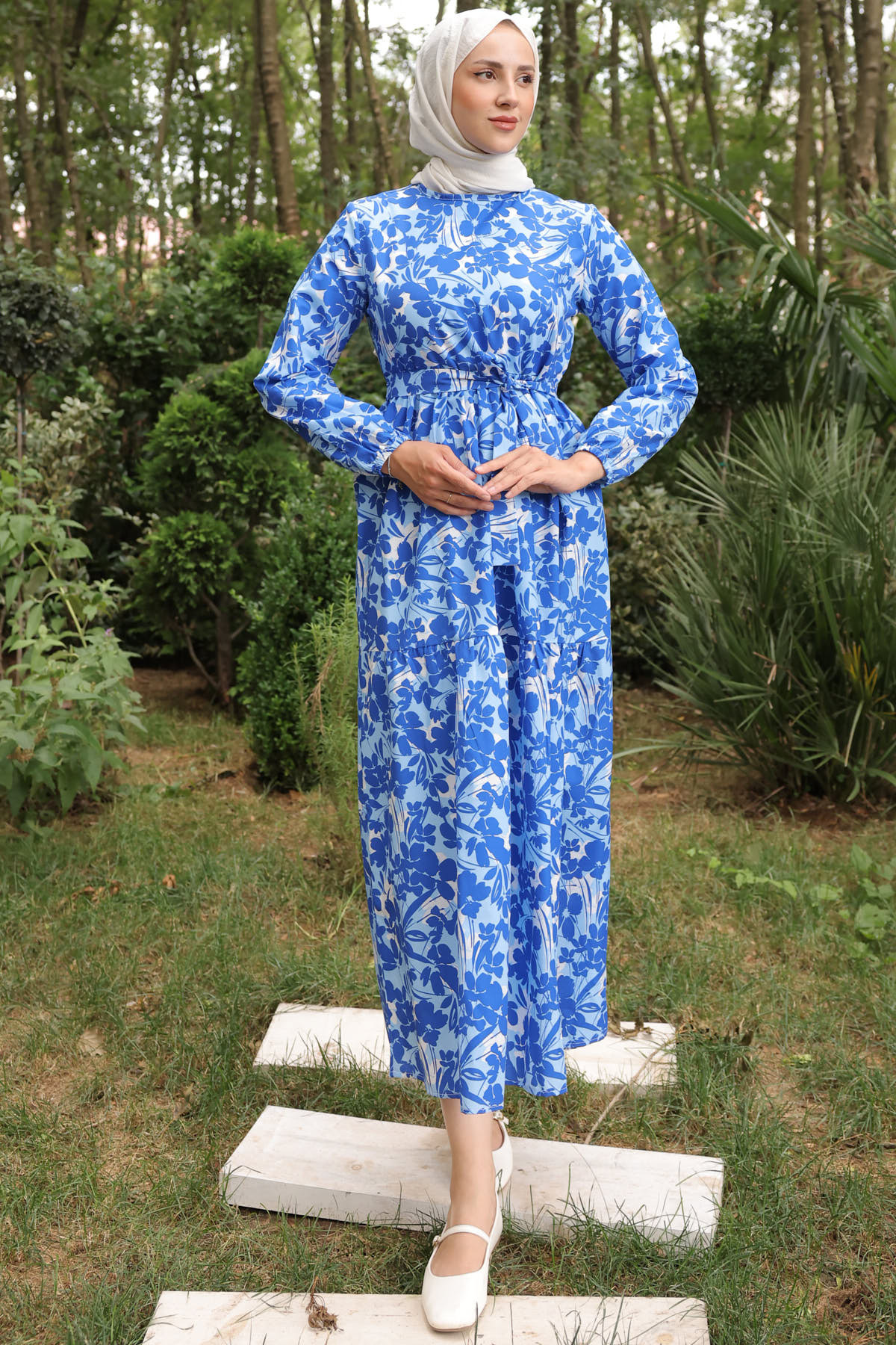 benguen 451 Patterned Dress Saks Blue- Trendyol