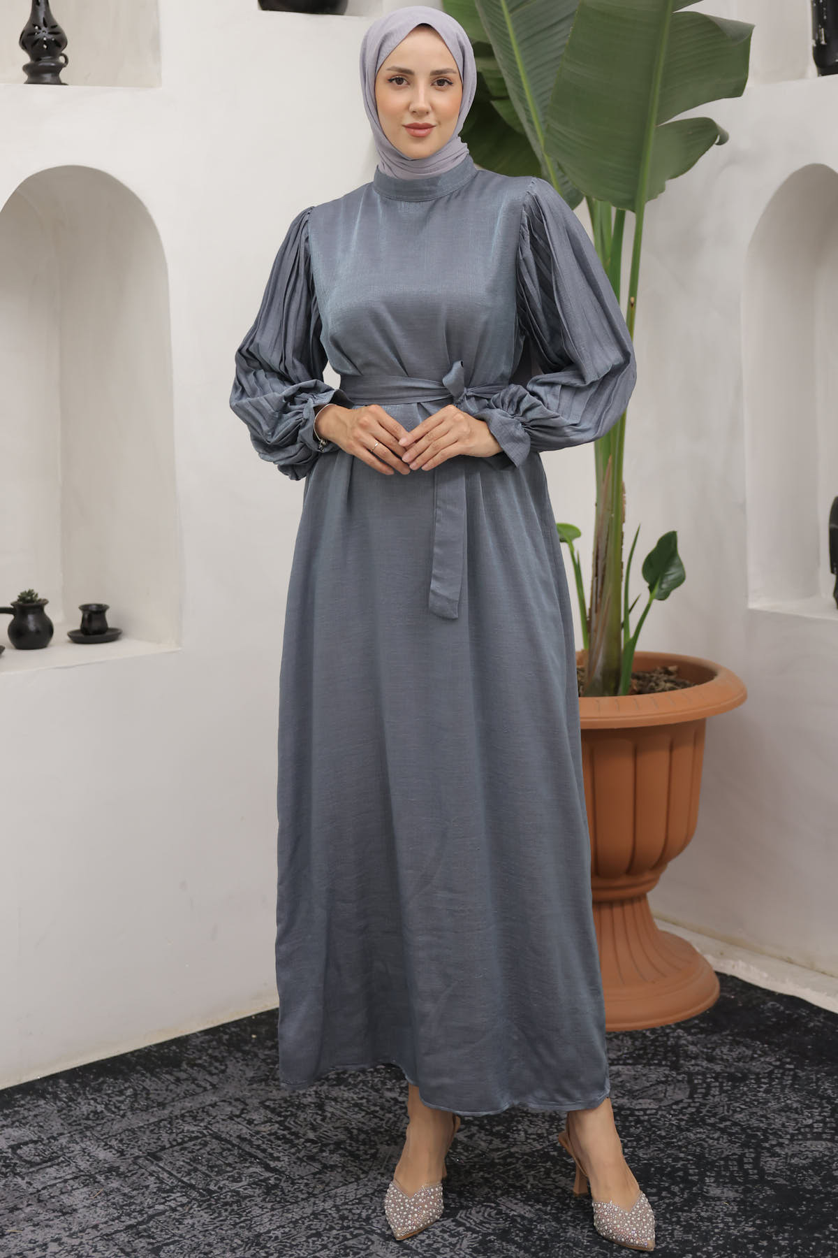 benguen 3986 Pleated Sleeve Detailed Hijab Dress Gray- Trendyol