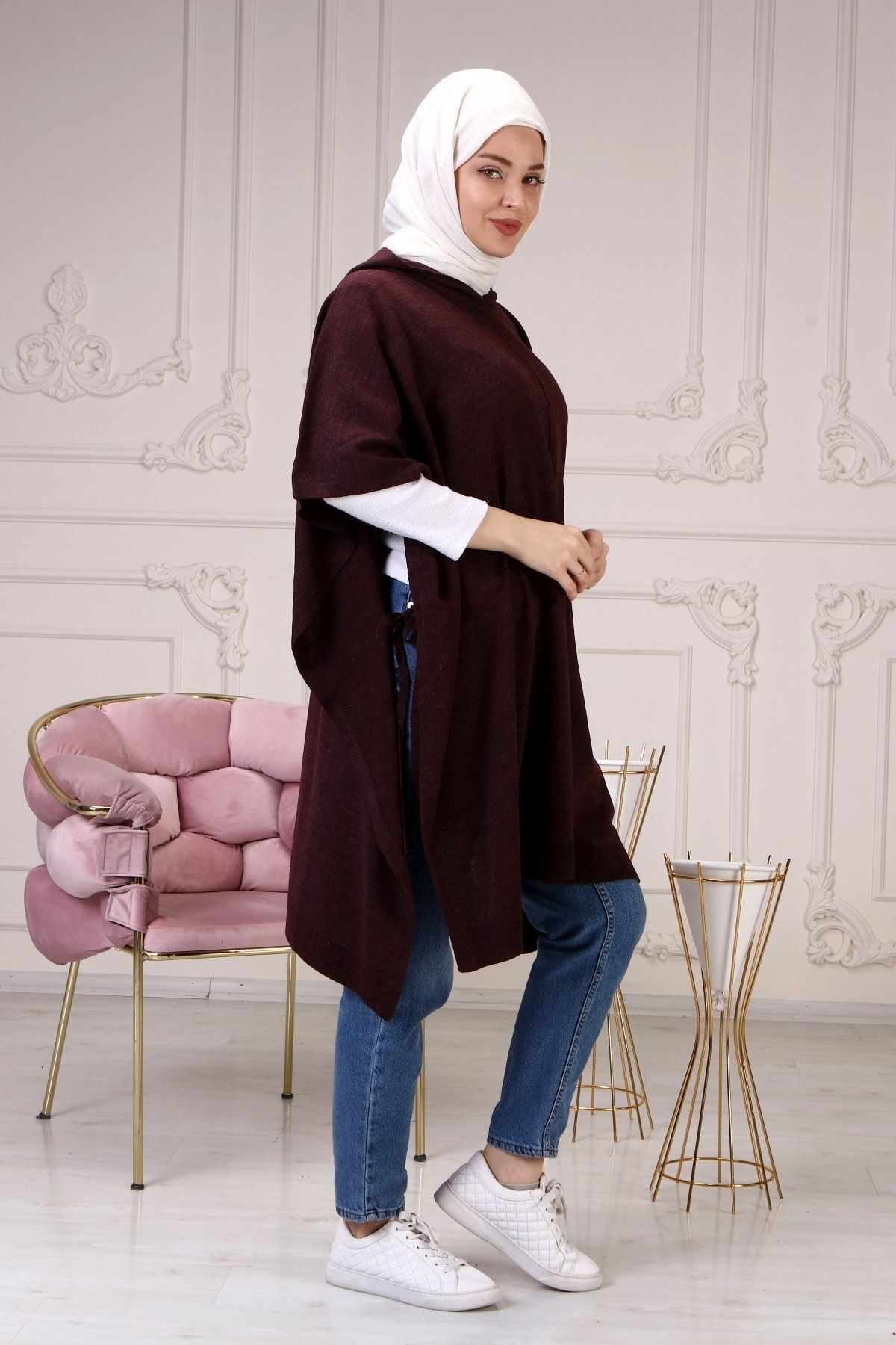 ilmek-Poncho de damă din tricot subțire cu glugă și dantelă laterală 2