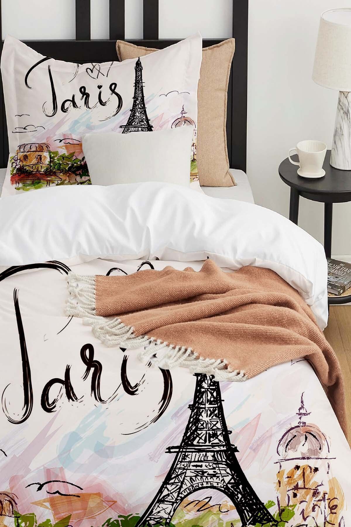3D ELSE HALI-Paris Eiffel Tower Patterned Printed - Cotton Satin Children's Bedding Set 3